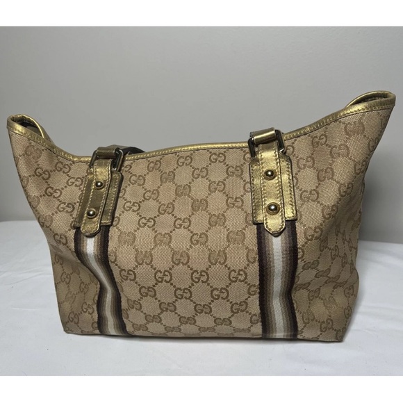 GUCCI Sherry Line Auth GG Pattern Gold Beige Canvas Leather Shoulder Tote Bag - Picture 4 of 16
